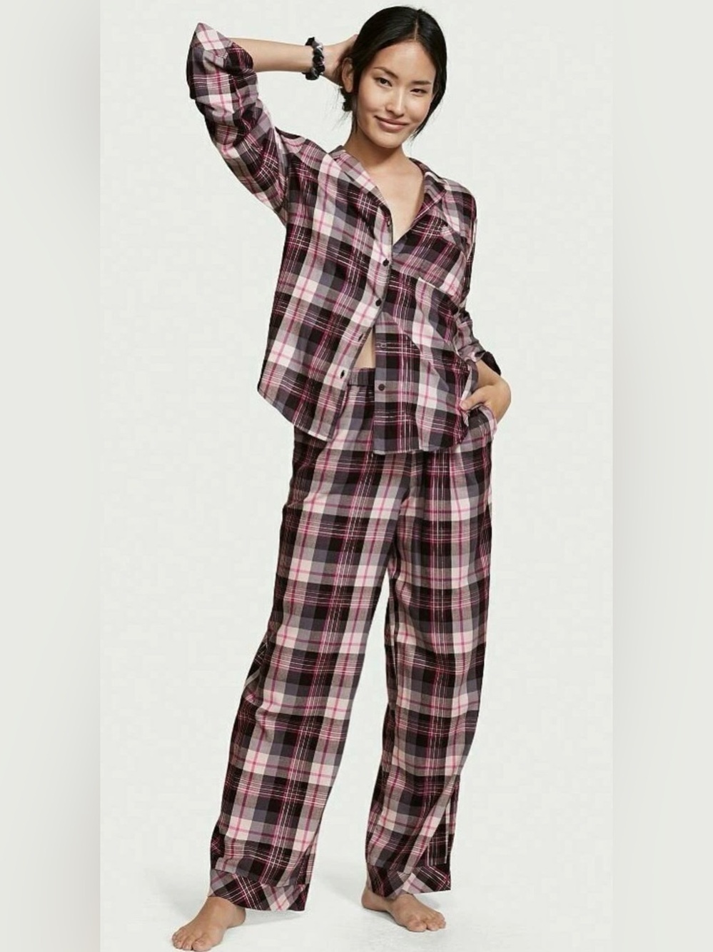 Victoria Secret NWT Pink Black Gray Plaid  Flannel Pajama Set  M